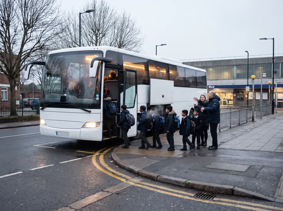 A white coach at the kerb on an overcast winter afternoon, a school group in uniform boarding in a line with two teachers
