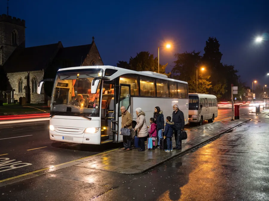 A coach with a minibus behind it at night by a church, a family group boarding with suitcases