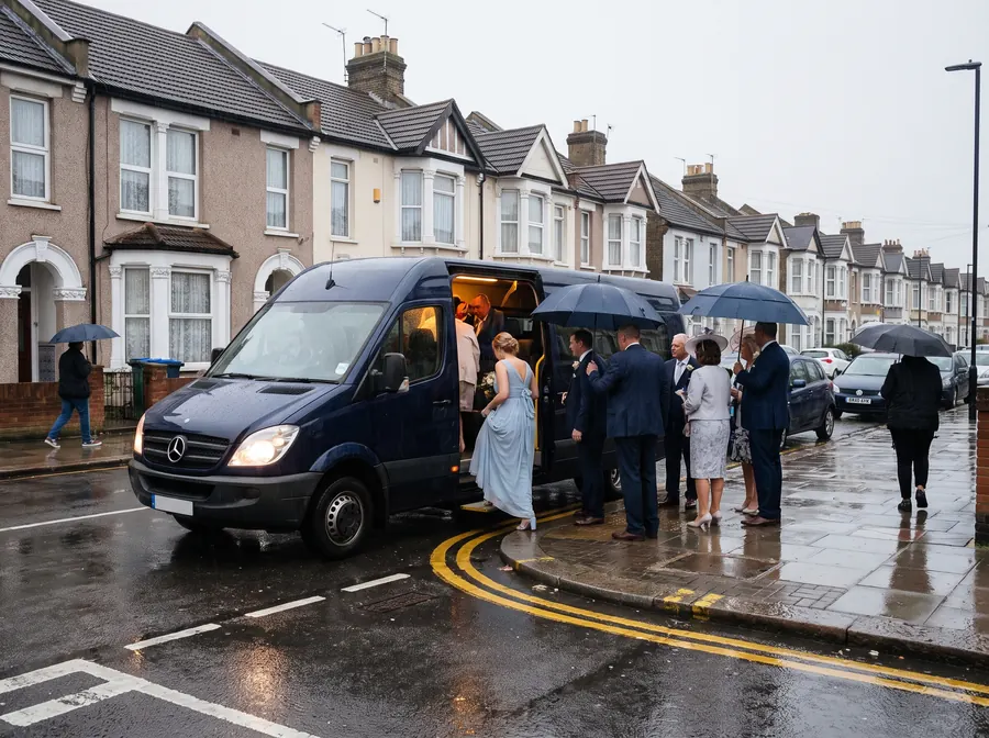 A navy minibus in heavy rain on a street of Victorian terraces, a wedding party boarding under umbrellas